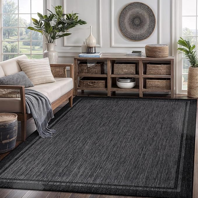 CAMILSON Indoor Outdoor Rug, 9x12 Bordered Dark Grey Black Modern Large Area - Image 9