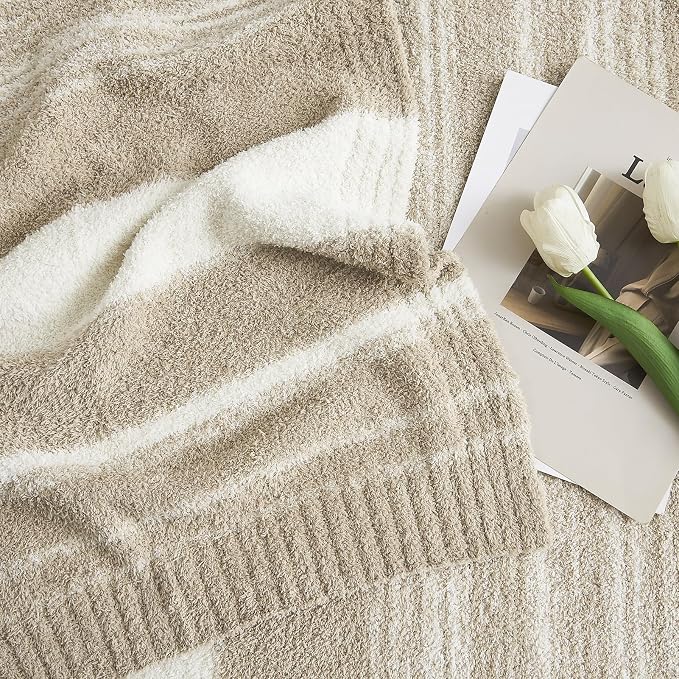 WRENGONGE Khaki Throw Blanket, 50x70 Soft Cozy Striped Throw Blankets - Image 3