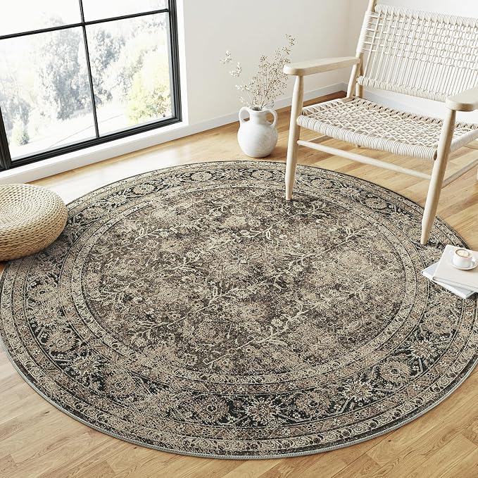 Brown Round Area Rug 4ft Entryway 4x4 Circle Vintage Indoor Kitchen Washable - Image 7