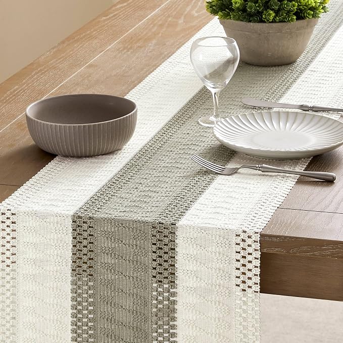 ZeeMart Macrame Style Bicolor Stitching Table Runner, 14 x 72 Inch Dark - Image 4