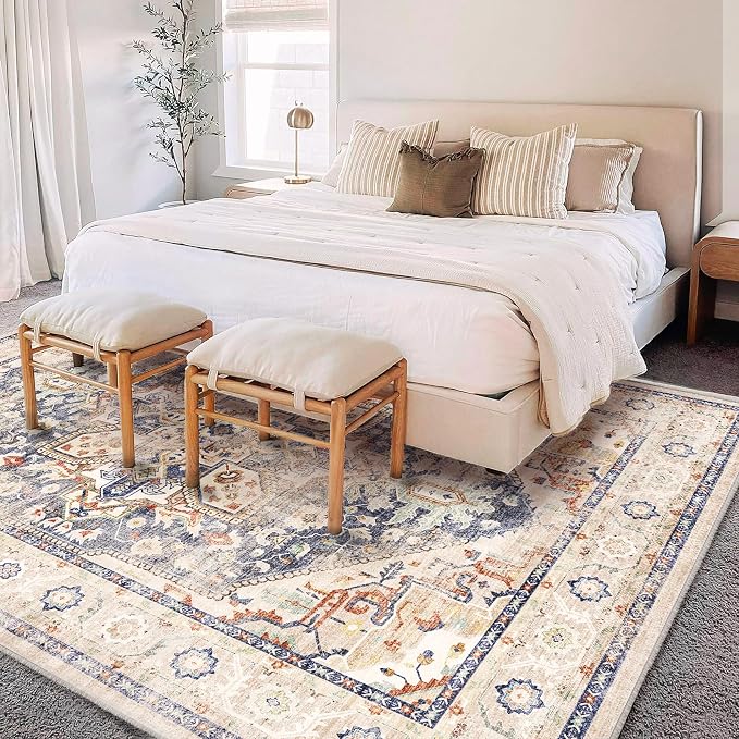 Washable Area Rug 9'x12' Blue Khaki Retro Flowers Boho Design Non-Shedding Easy - Image 3