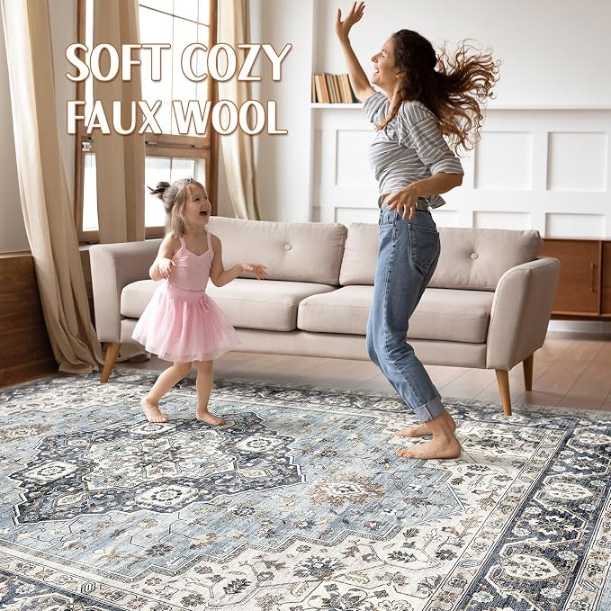 9x12 Area Rug Living Room: Washable Boho Large Neutral Vintage Soft Rugs Stain - Image 3