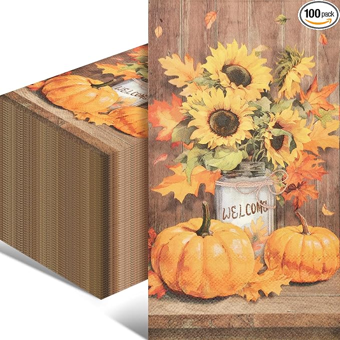 100 Pack Thanksgiving Pumpkin Paper Napkins – 13 x 16 Inches Unfolded, by Wobeny