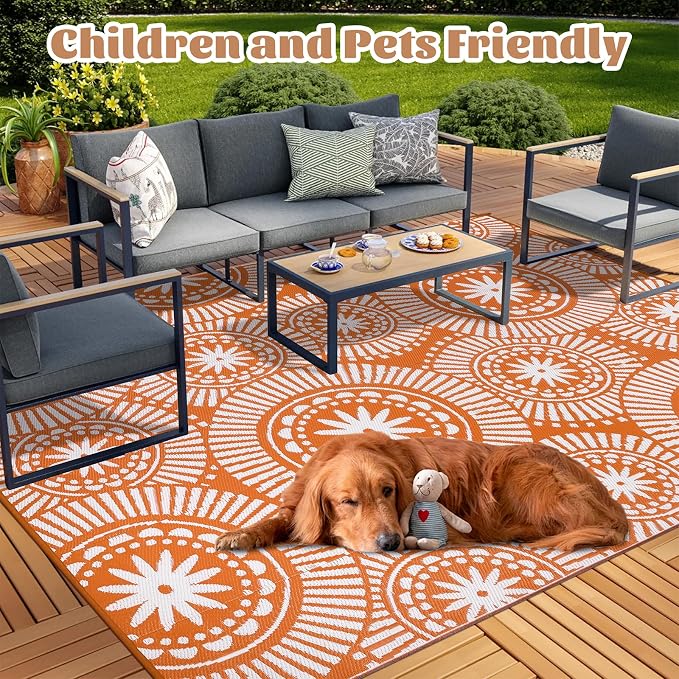 Ileading Large Plastic Outdoor Rug 9x12ft Modern Geometric Style Reversible - Image 2