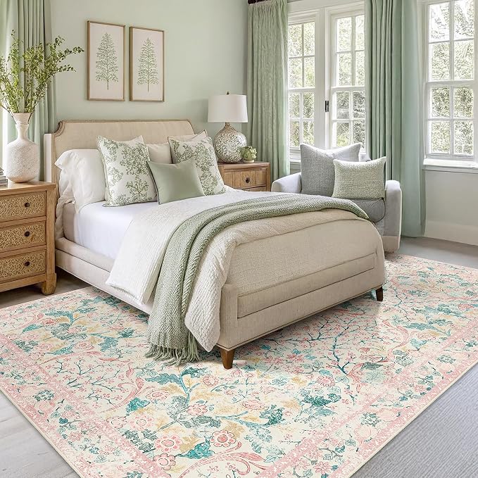 MUJOO Pink 5x7 Area Rugs, Floral Washable Rug - Image 4