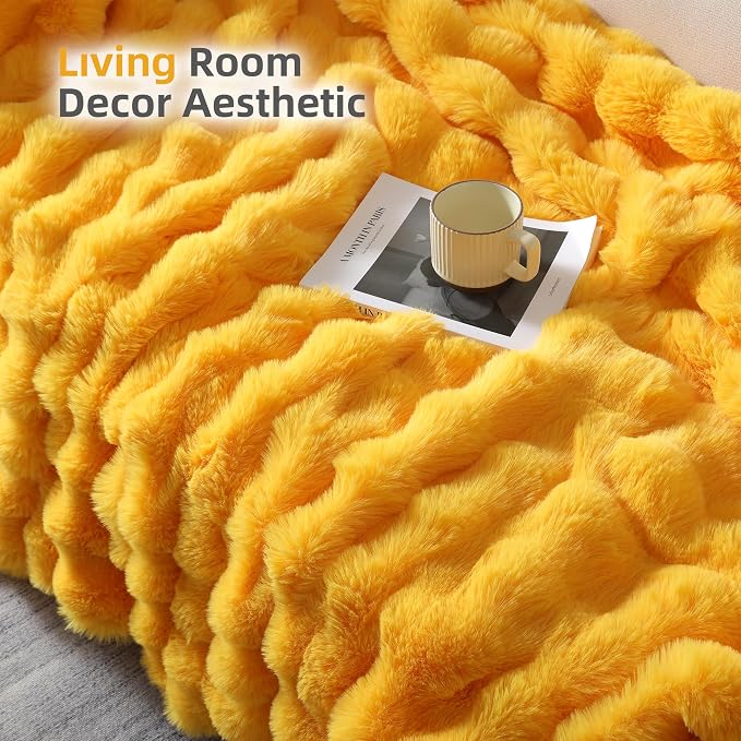Smoofy Faux Fur Throw Blanket for Couch – Mustard Yellow Fluffy Cozy Rabbit - Image 5