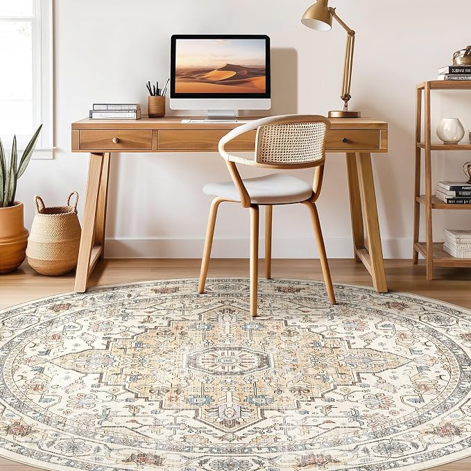 Round Rug Living Room Rugs: 6Ft Washable Boho Neutral Large Circle Soft Indoor - Image 7