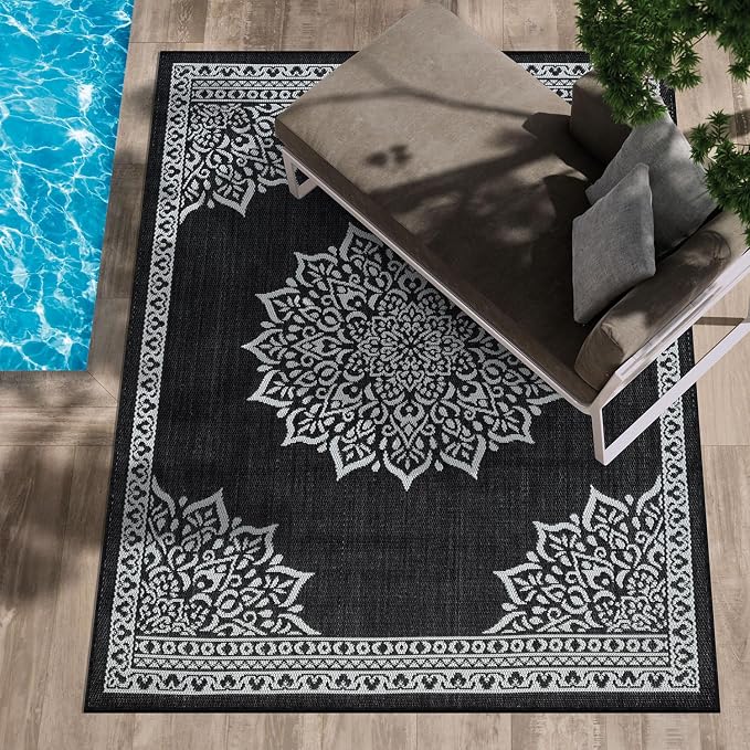 CAMILSON Outdoor Rug, 6x9 Medallion Black White Modern Area Rugs - Image 7