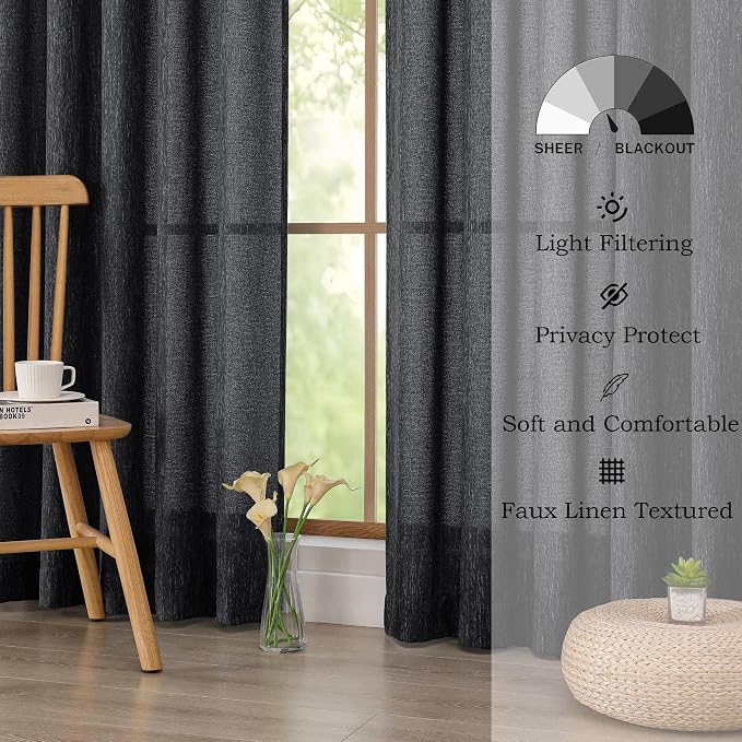 Simplebrand Black Faux Linen Textured Semi Sheer Curtains 72 Inches Long 2 - Image 6