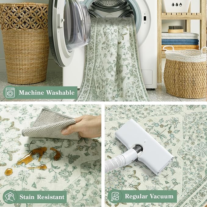Moynesa Vintage Washable Green Runner Rug - Image 6