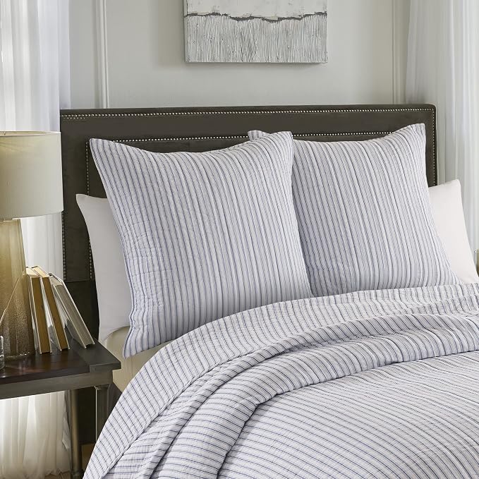 Levtex Home - Tobago Stripe Blue - Quilted Taupe and White Shams Set of Two - Image 2