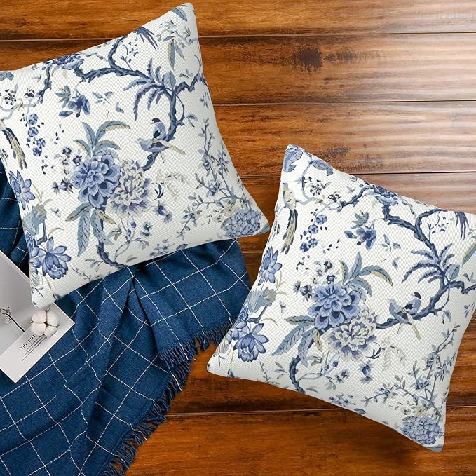 Chinoiserie Throw Pillow Cover Case Blue White Flowers Throw Pillows Set of 2 - Image 7