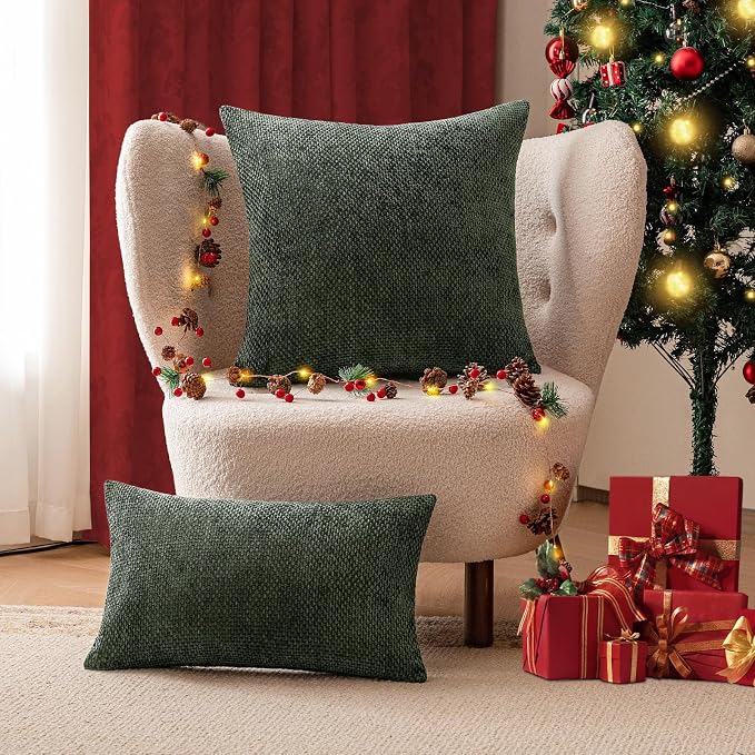 a moment Christmas Dark Green Chenille Throw Pillow Covers 20x20 Inch Pack of 2 - Image 2