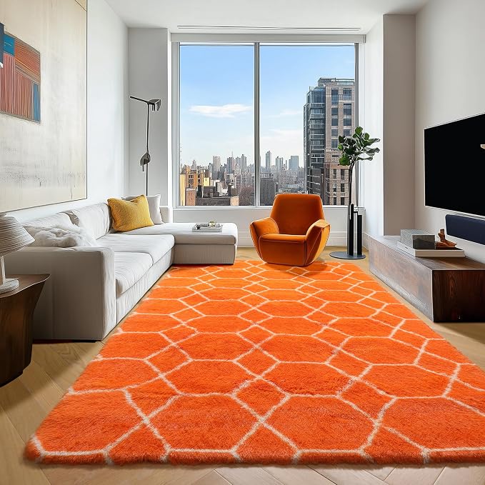 ONASAR Rugs for Living Room Bedroom, 5x8 Washable Fluffy Orange and White Area - Image 4