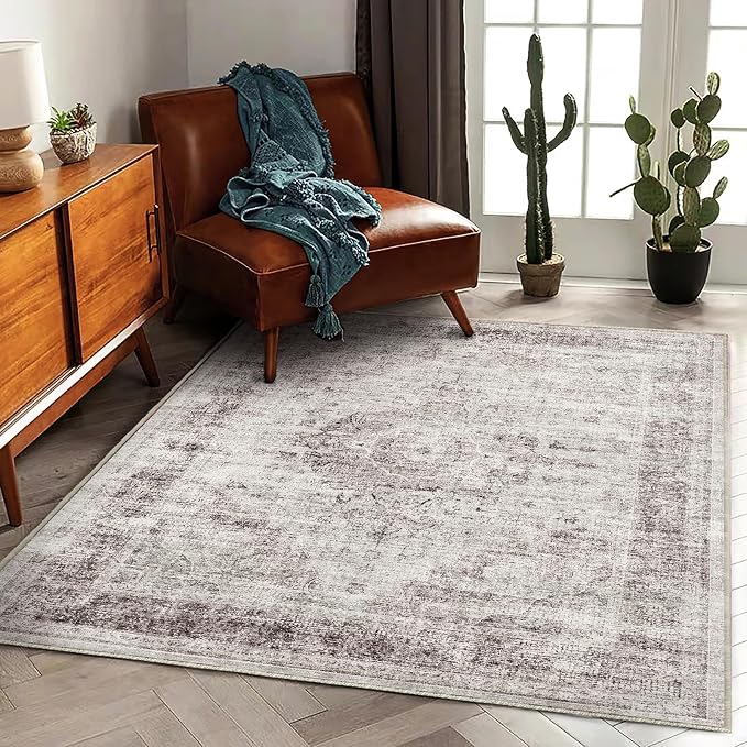 Area Rug 5'x7' Washable Rug Floral red Vintage Traditional Floor Cover Thin - Image 2