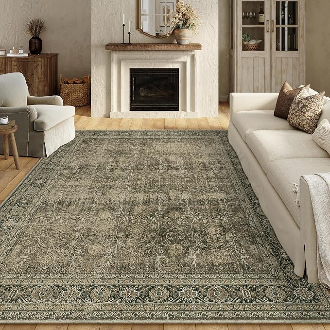 Vintage Area Rug 8x10 Light Brown Washable Living Room Bedroom Indoor Carpet by PureCozy