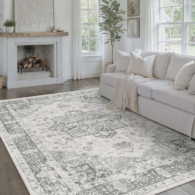 Gray 6x9 Area Rug Washable Vintage Living Room Carpet Non Slip Retro Distressed - Image 3