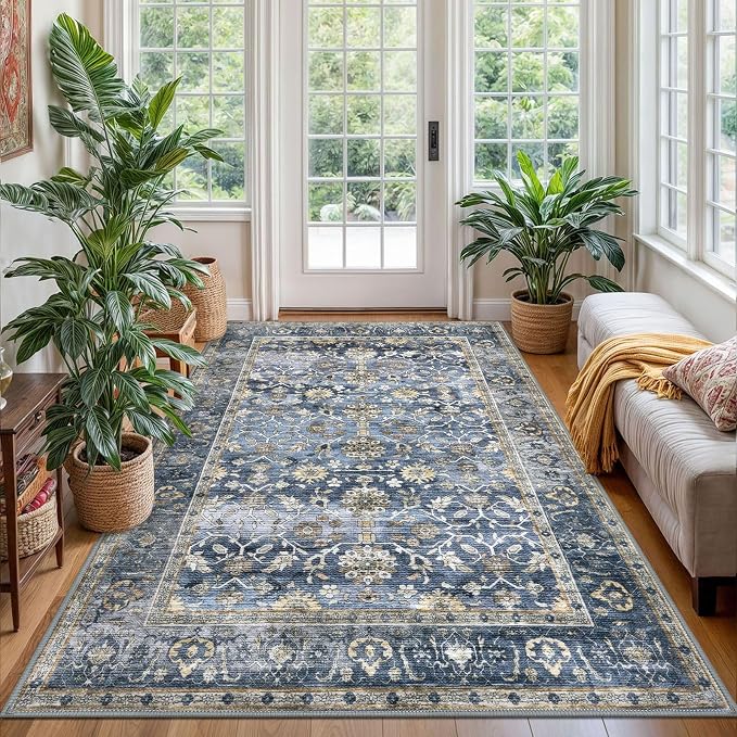 KUTA Vintage Area Rug 4x6 Washable Rug Blue Grey Beige Traditional Floor Cover by KUTA