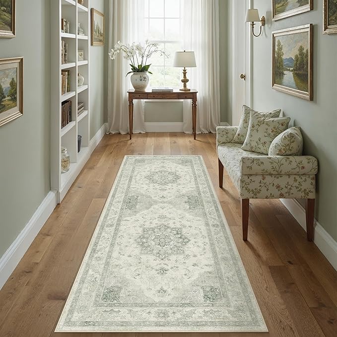 Green Runner Rug 2x6 Washable Vintage Carpet Hallway Kitchen Soft Retro Low by PureCozy