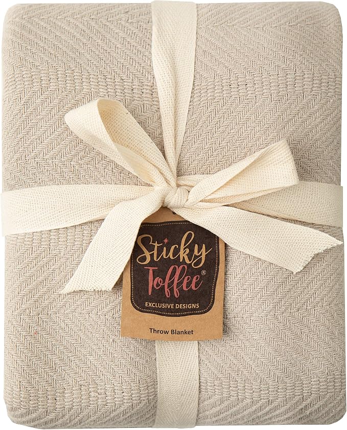 Sticky Toffee Cotton Throw Blanket, 60 x 50 Inch, Tan Beige Herringbone Weave - Image 5