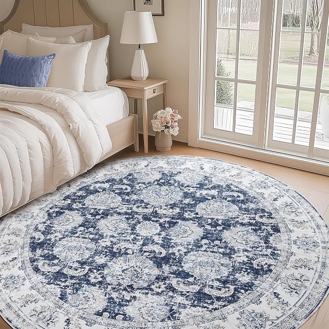jinchan Fiora Round Rug 7ft Area Rugs Vintage Floral Distressed Design Machine - Image 3