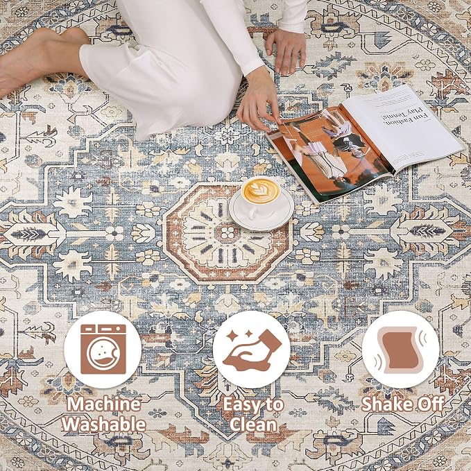 Round Rug Living Room Rugs: 10Ft Washable Boho Neutral Large Circle Soft Indoor - Image 2