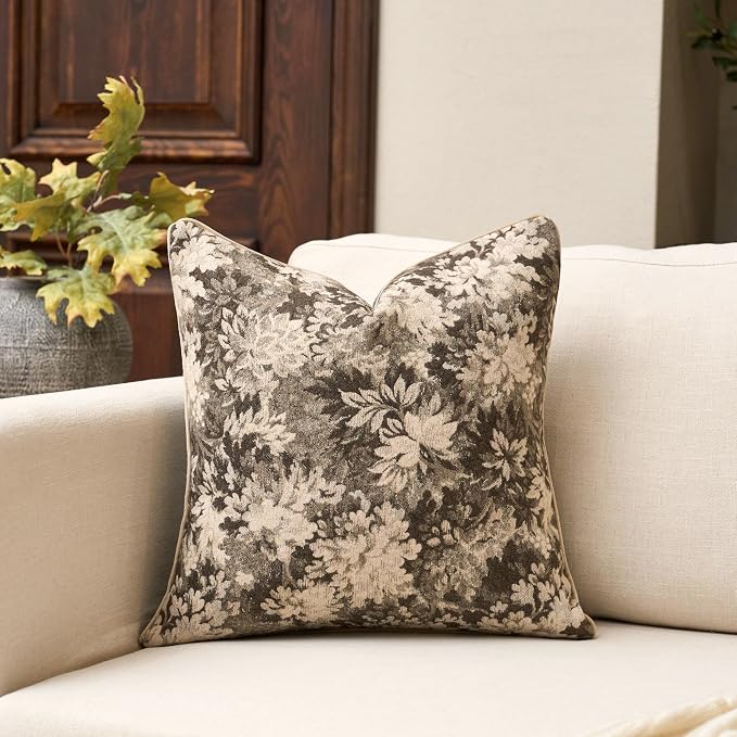Yangest Neutral Floral Pillow Cover 20 x 20 Inches, Vintage Chenille Square by Yangest