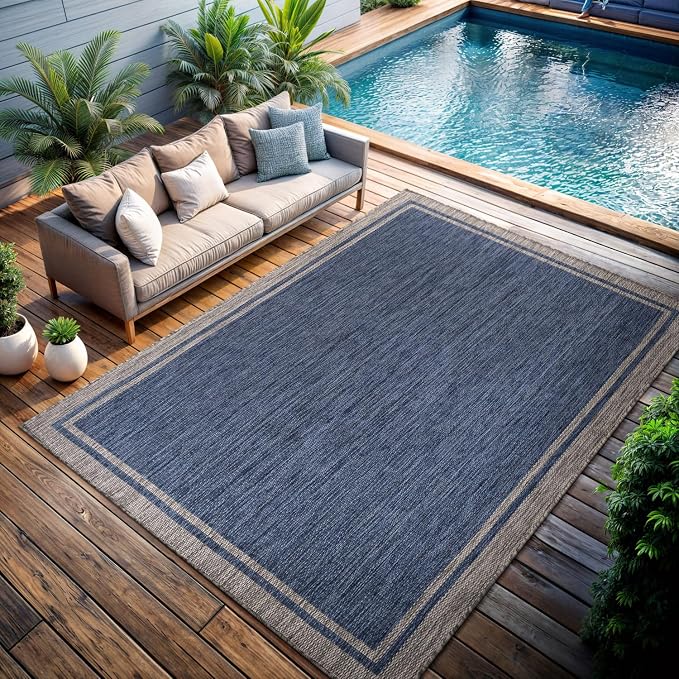 CAMILSON Outdoor Rug, 6x9 Bordered Navy Blue Gray Modern Area Rugs - Image 9