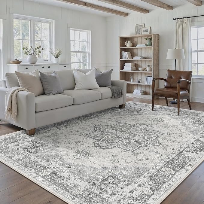 Gray 6x9 Area Rug Washable Vintage Living Room Carpet Non Slip Retro Distressed by PureCozy