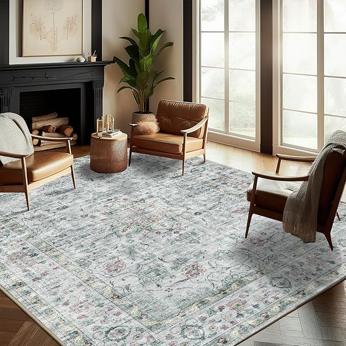Washable Area Rug 9'x12' Boho Design Non-Shedding Easy Care Ideal by CHAMPLANT