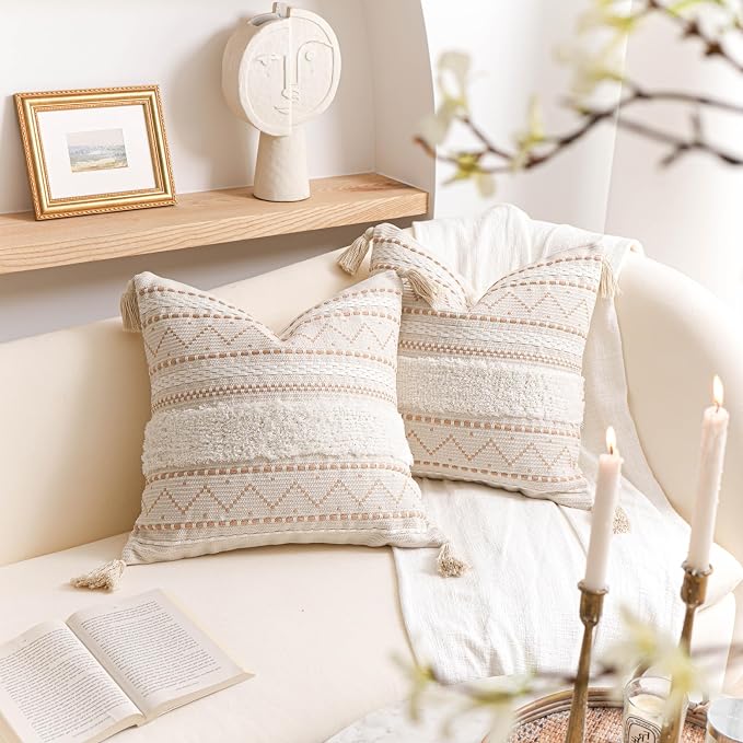BlissBlush Decorative Throw Pillow Cover 18X18 Combo Set of 2 Square Cream - Image 6