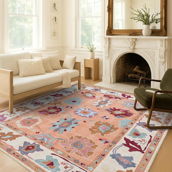 Fame Living Orange Oushak Rug, Vintage Turkish Eclectic Floral Sweet Pastel - Image 8
