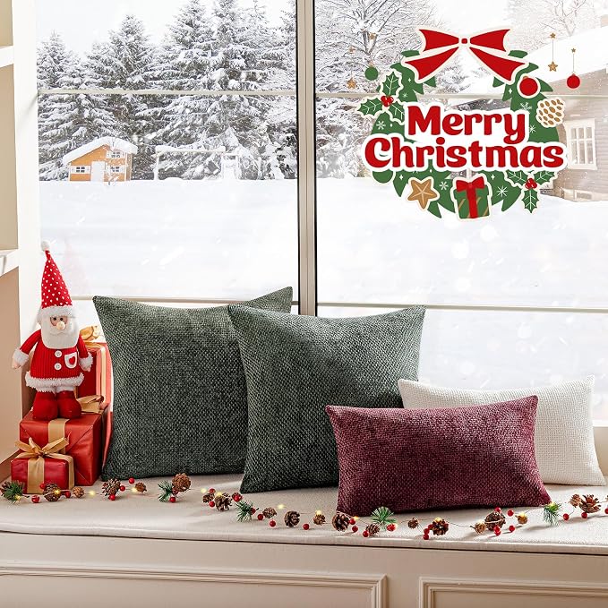 a moment Christmas Dark Green Chenille Throw Pillow Covers 20x20 Inch Pack of 2 - Image 4
