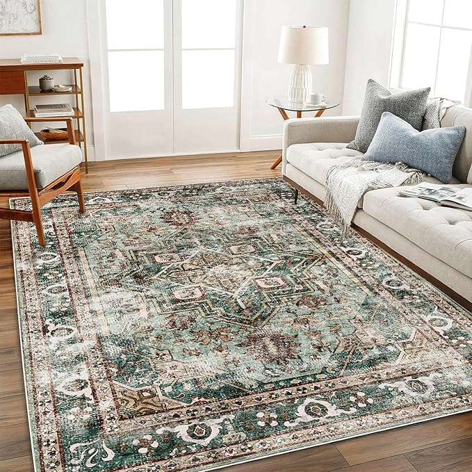 6'x9' Green Washable Area Rug Boho Chic Medallion Distressed Design by CHAMPLANT