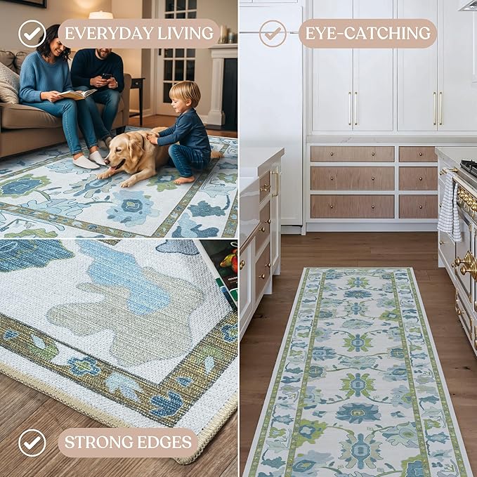 Fame Living Green Oushak Runner Rug, Modern Runners, Long Runner Rugs - Image 4