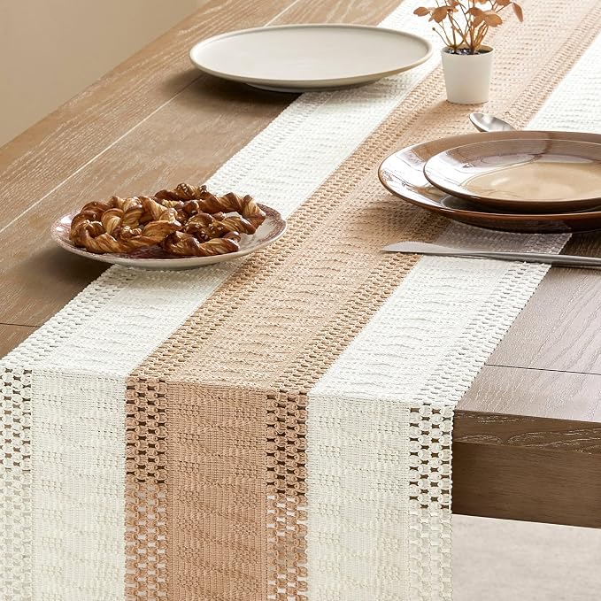 ZeeMart Macrame Style Bicolor Stitching Table Runner, 14 x 36 Inch Beige/Ivory - Image 4