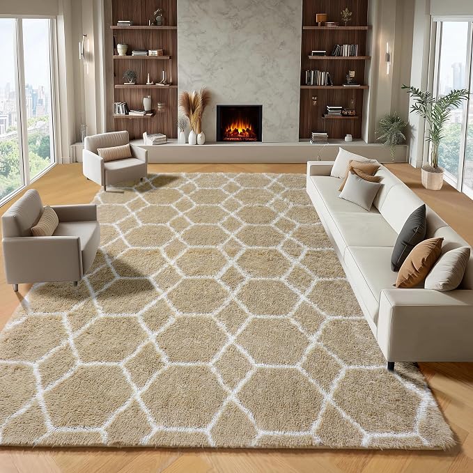 ONASAR 8x10 Area Rugs for Living Room, Fluffy Beige and White Bedroom Rug by ONASAR
