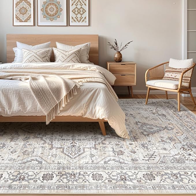 10x14 Area Rugs Living Room: Washable Boho Large Neutral Vintage Soft Rug Stain - Image 4