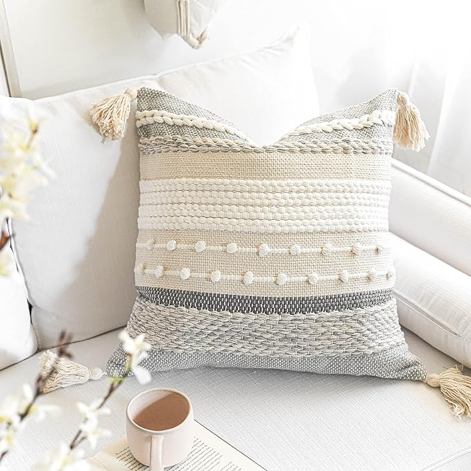 BlissBlush Gray Boho Throw Pillow Cover 18x18 Grey Decorative Accent Pillow - Image 5