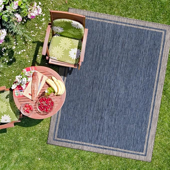 CAMILSON Outdoor Rug, 9x12 Bordered Navy Blue Gray Modern Large Area Rugs by CAMILSONIndoorOutdoorAreaRugs