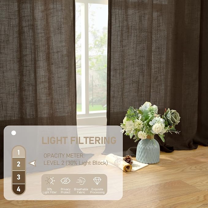LAMIT Dark Brown Sheer Linen Curtains, 108 inch Light Filtering Semi Sheer - Image 4