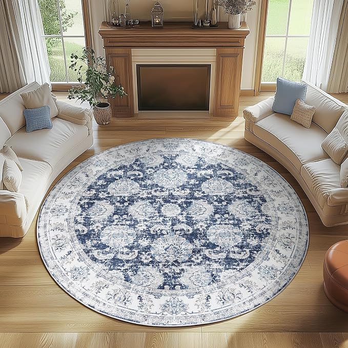 jinchan Fiora Round Rug 7ft Area Rugs Vintage Floral Distressed Design Machine by JINCHAN