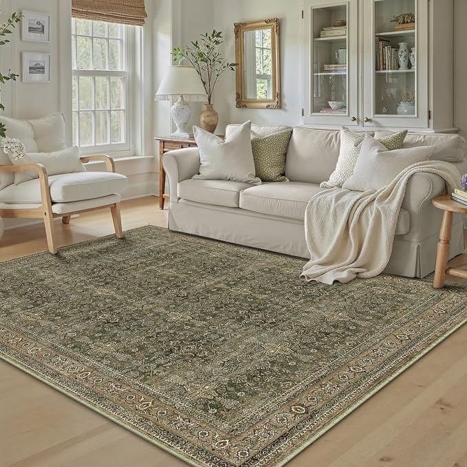 6x9 Area Rug for Living Room Green Brown Vintage Washable Bedroom Carpet - Image 6