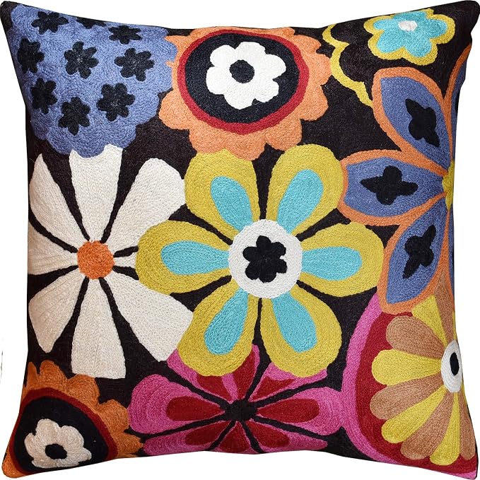 Modern Black Daisy Floral Pillow Cover Accent Flower Traditional Pillowcase by Kashmir+Designs