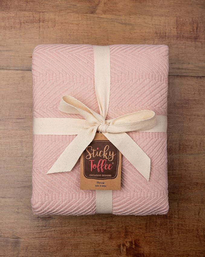 Sticky Toffee Cotton Throw Blanket 60x50 in – Woven Lightweight Blush Pink - Image 6