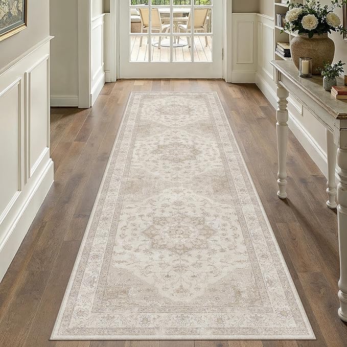 Beige Runner Rug 2'6"x8' Washable Vintage Carpet Hallway Kitchen Soft Retro Low - Image 5