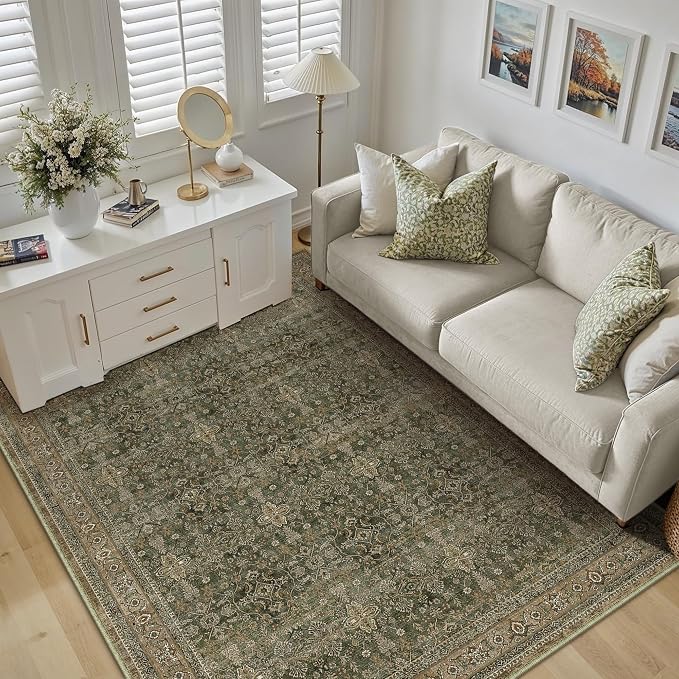 Area Rug 5x7 Green Brown Washable Vintage Living Room Carpetb Traditional - Image 4