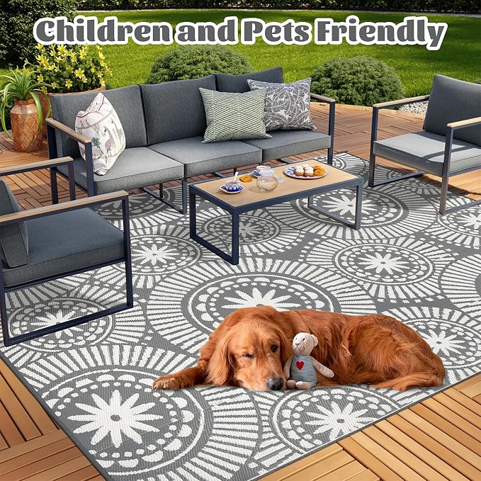 Ileading Large Plastic Outdoor Rug 9x12ft Modern Geometric Style Reversible - Image 2
