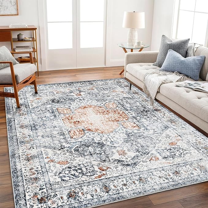 Area Rug 10x14 Washable Orange Gray Vintage Traditional Mat Distressed Indoor by CHAMPLANT