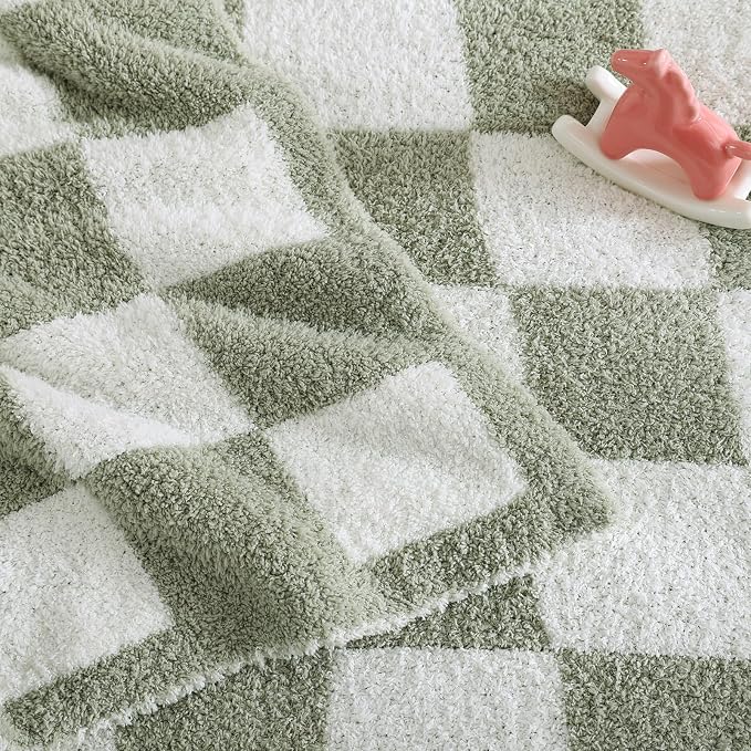 WRENSONGE Checkered Throw Blanket, Sage GreenSoft Cozy Fluffy Warm Hand Made - Image 4